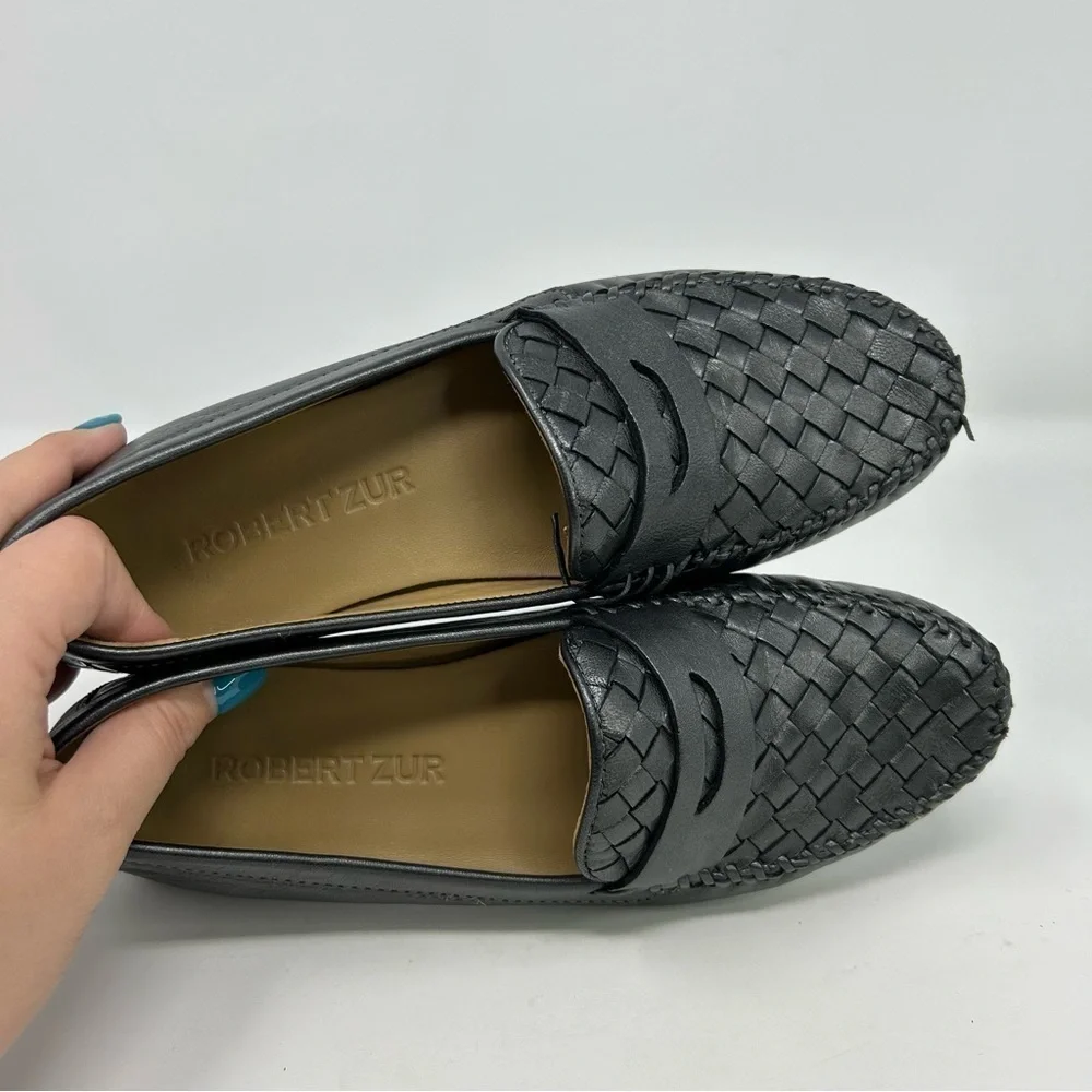 Robert Zur Dark Gray Silver Leather Quality Woven Driving Loafers Size 8.5